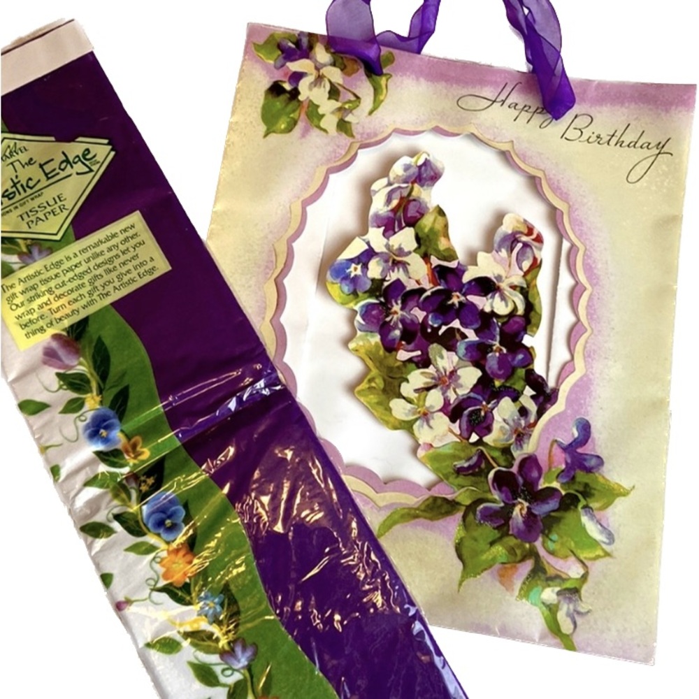 Vintage violets and pansies, scallop, bordered tissue paper w matching gift bag